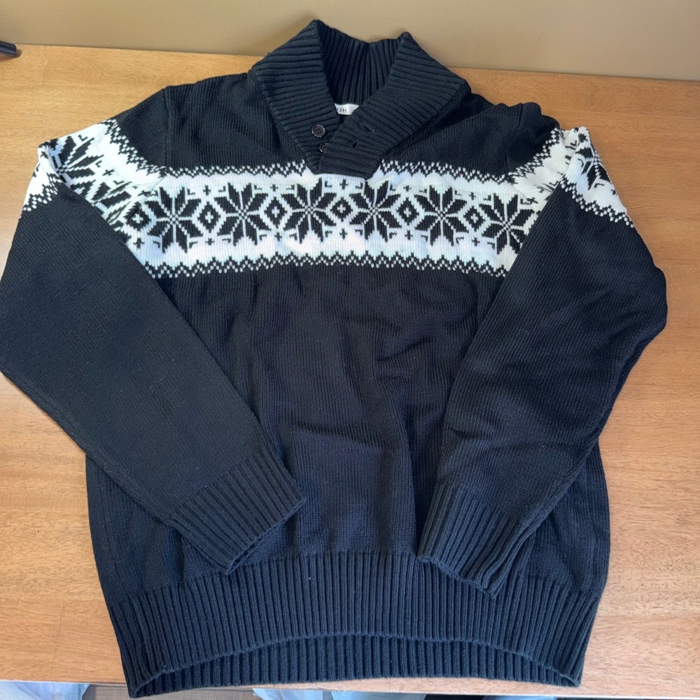 H2H Mens Shawl Collar Fair Isle Snowflake Sweater Black White XL KMOSWL0102